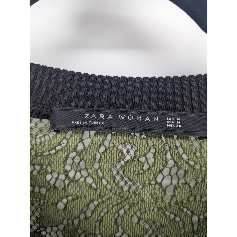 Zara Sweater Womens Medium Olive Green‎ Sheer Lace Bomber Style Tunic Top Sporty - Picture 5 of 7